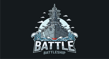 Stylized graphic illustration of a powerful battleship sailing through waves with 'BATTLESHIP' text below, on a dark background. © morph
