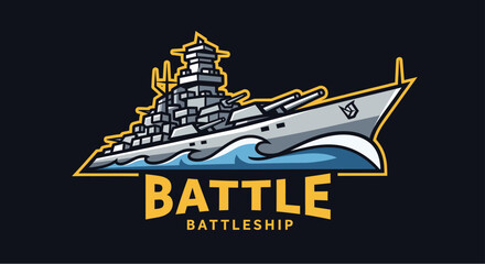 Stylized battleship logo with 'BATTLE BATTLESHIP' text, featuring a grey warship on blue waves against a dark background, in an esports or gaming design. © morph
