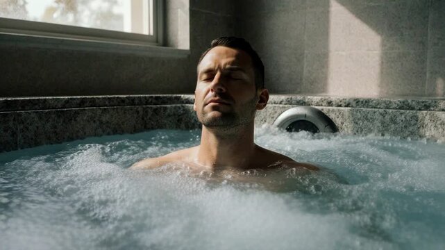 Man relaxing in a bubbling hot tub at a luxury spa. Male guest enjoying hydrotherapy in a jacuzzi. Wellness and vacation concept