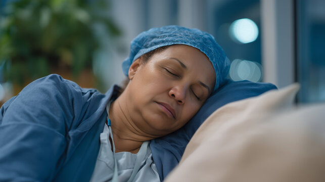 Care worker sleeping in hospital break room during unpaid gap between twelve hour shifts, exhaustion and exploitation normalized, perfect for healthcare labor and scheduling abuse, and contemporary 