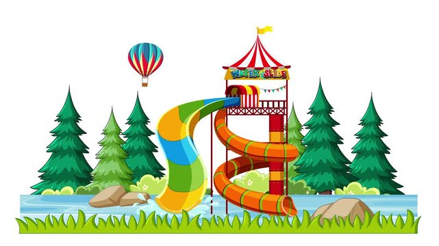 Animated Outdoor Water Park Scene with Colorful Slides and Hot Air Balloons