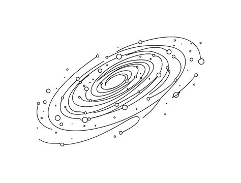 Milky Way View. Minimalistic one-line drawing curved galaxy formation with stars and planets surrounding it, continuous single black line on white background,