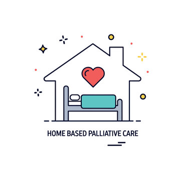 Home based palliative care centered on a simple bed icon within a small house outline, with a heart symbol suggesting comfort in familiar surroundings. The