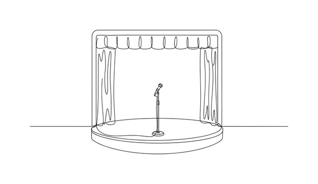Comedy Club Stage. Minimalistic one-line drawing small comedy club stage with microphone stand ready for a stand-up show, continuous single black line on white