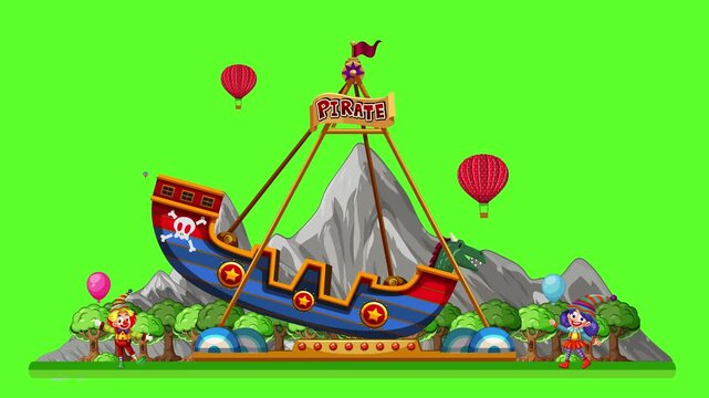 Animated Pirate Ship Carnival Ride Swinging in Front of Mountain Landscape