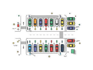 Fototapeta premium Bird?s eye view parking lot neat rows of small cars arranged on marked spaces with arrows and road lines forming a simple organized top down transportation