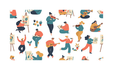 Fototapeta premium self-discovery motifs seamless pattern, creative people painting, writing, playing instruments, dancing, sketching and making art arranged in a repeating
