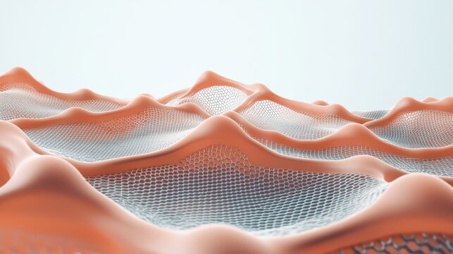 Abstract microscopic mesh surface with flowing organic shapes and a light background representing nanotechnology advancements.