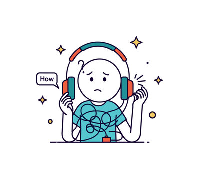 Funny everyday confusion simple character staring at a tangled pair of headphones with a puzzled expression. A tiny label How adds a humorous relatable moment.