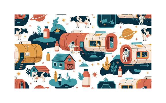 space habitat modules seamless pattern, astronauts floating inside modular space station structures with windows planets and stars arranged in a repeating