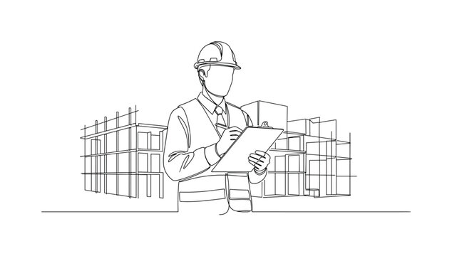 Inspector With Clipboard. Minimalistic one-line drawing construction inspector writing notes while reviewing building progress, continuous single black line on