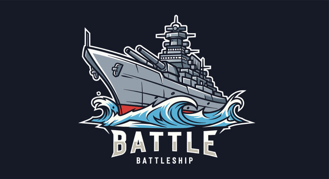 Stylized illustration of a powerful battleship sailing through blue waves with 'BATTLE' and 'BATTLESHIP' text below, on a dark background.