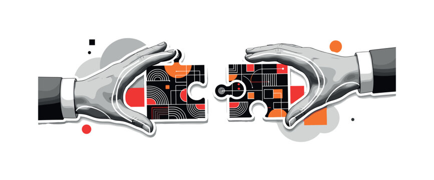 two hands connecting puzzle pieces abstract semicircles lines and geometric blocks symbolizing teamwork and collaboration black and white retro hands and