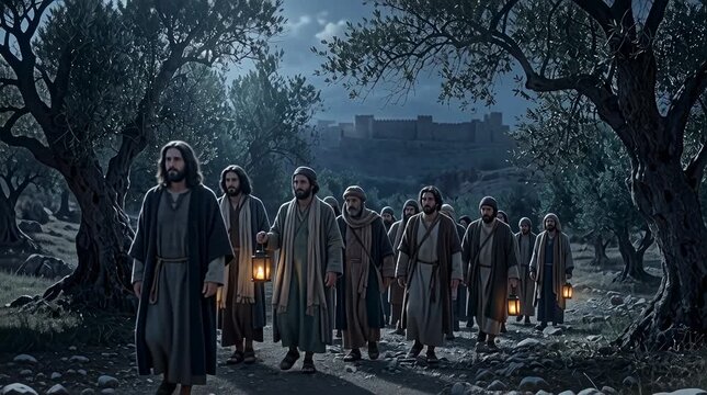 Jesus and disciples walking through dark olive trees in Kidron Valley at night