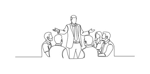 Fototapeta premium Leading Campaign Discussion. Minimalistic one-line drawing manager gesturing to team during marketing discussion, continuous single black line on white