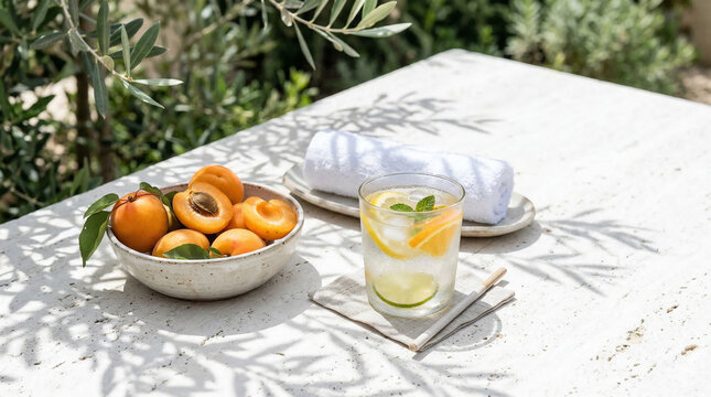 Summer reset concept with a cold face towel and citrus water on the table outside in the garden with fresh fruits nearby during a sunny day