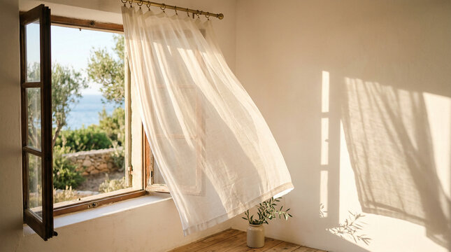 Sheer summer curtain moves in warm sunlight through an open window with a view of trees and the sea in the distance