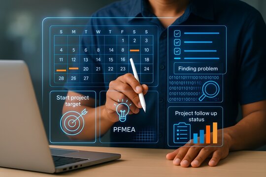 Professional meticulously organizes project timelines and tasks on an advanced holographic interface, displaying a calendar, checklists, and project status.