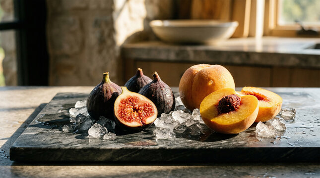 Chilled figs and peaches on a stone slab with ice in a kitchen during summer daylight