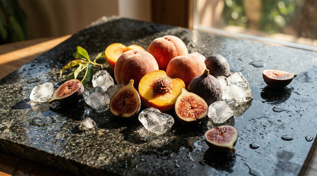 Premium summer fruit composition with fresh figs and peaches on a stone slab, featuring crushed ice and sunlight in the background, creating a vibrant fruit display for a warm day