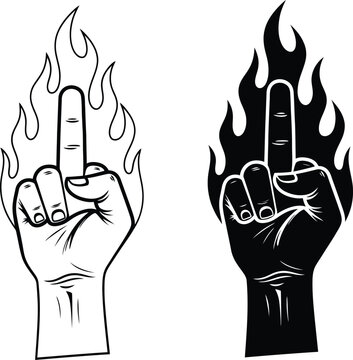Flaming middle fingers gesture in black and white