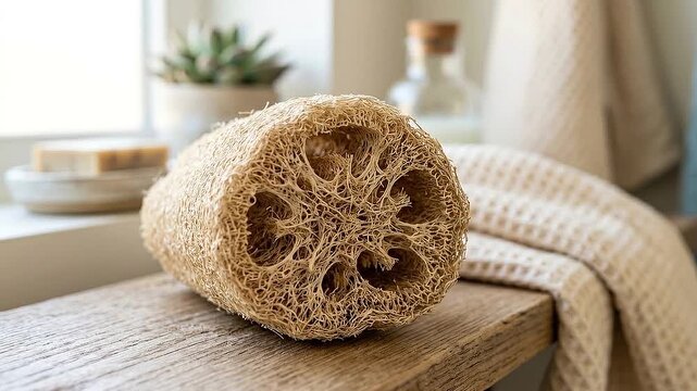 Plastic free bathroom loofah sponge wooden shelf and bench natural exfoliating bath accessory ecofriendly skincare zero waste routine with soft towel