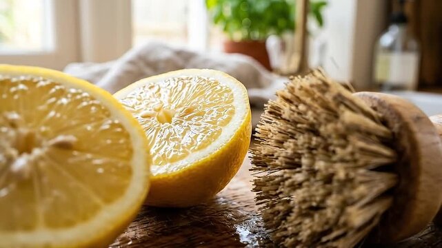 Zesty lemon wooden brush natural citrus kitchen sink countertop cleaning. bright cut lemon halves and wooden scrub brush wet board cozy plastic free