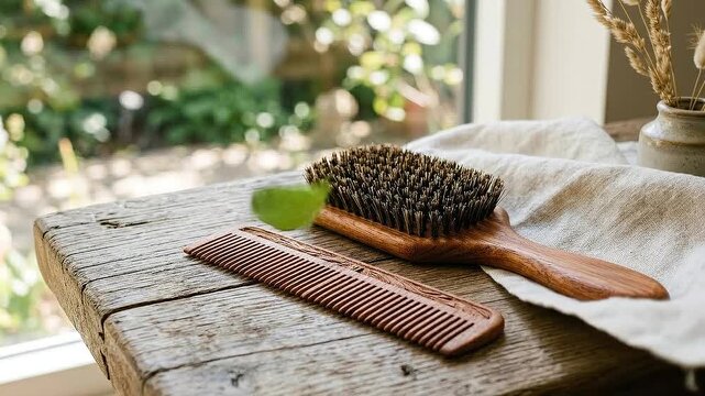 Wooden hair brush comb natural bristle brush sustainable plastic free bathroom grooming tools eco friendly wooden comb rustic table sunlit scene