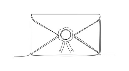 Traditional Wax Seal. Minimalistic one-line drawing envelope with classic wax seal and simple ribbon for formal correspondence, continuous single black line on