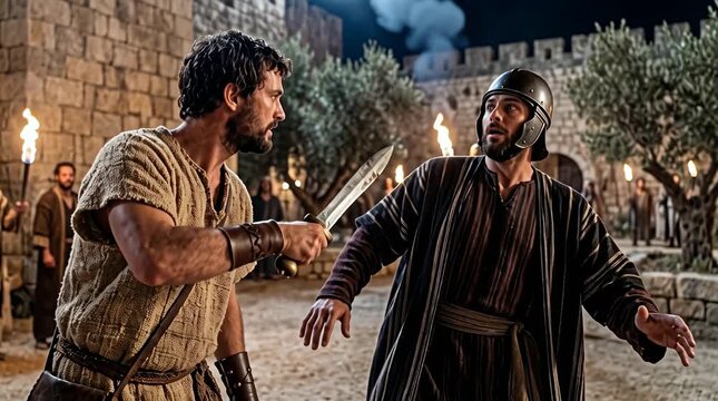 Simon Peter drawing a sword to strike Malchus in the garden at night