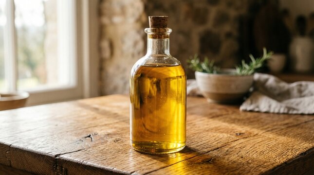 나뭇결이 살아있는 목재 위에 놓인 황금빛 페이스 오일 유리병 목업