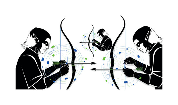 elves shaping bow and arrows with sparkling energy abstract semicircles lines and geometric blocks symbolizing enchanted weapon production black and white
