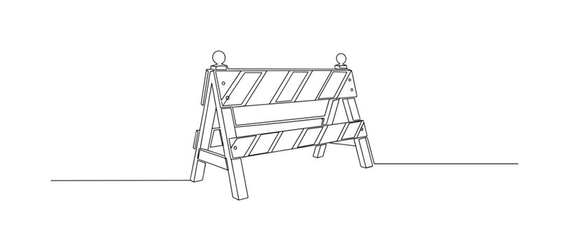 Traffic Barricade. Minimalistic one-line drawing roadblock barrier with warning stripes, continuous single black line on white background, simple outline