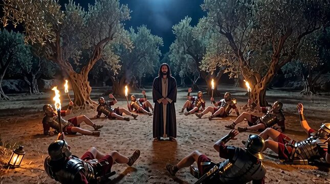 Jesus standing calmly as armed Roman soldiers fall backward in a night garden