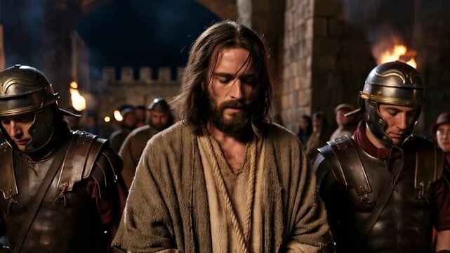 Jesus arrested with hands bound by thick rope and led away by Roman guards