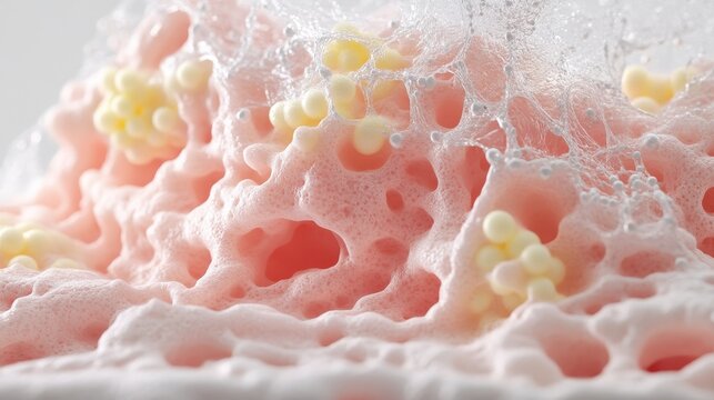 Tiny particles suspended in microscopic gel structures, appearing soft and bubbly with delicate threads.