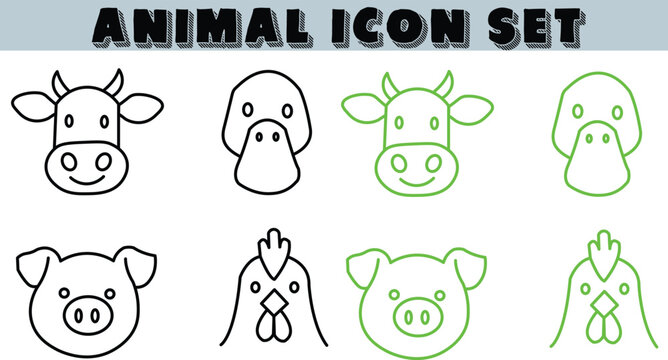 Animal icons set with cow pig sheep and bird heads in black and green line art on white background for graphic design elements  farm animals