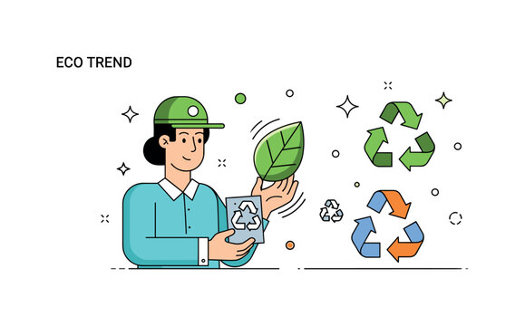 Eco trend in product design designer holding a sample of recycled material while leaf and recycle icons emphasize sustainable innovation. Friendly scene