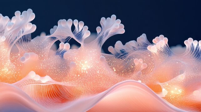 Microscopic network of glowing nanostructures with intricate branching patterns and light particles in a dark background.