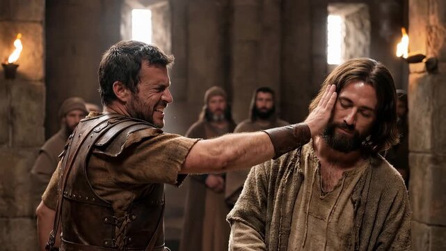 A temple guard striking Jesus in the face during an indoor trial