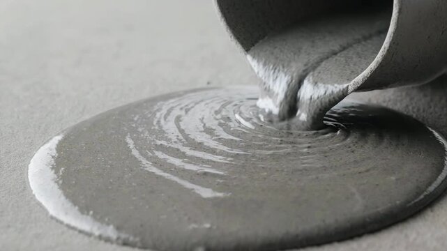Gray liquid concrete pours from a container, creating ripples and a smooth surface on a flat surface, showcasing the flow and texture of the material in a close-up view