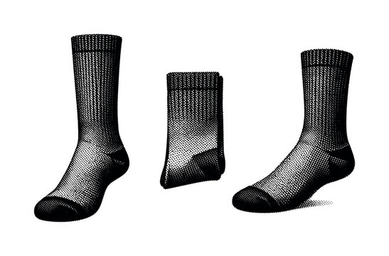 Crew socks, a realistic crew sock shown upright, folded lengthwise, and angled side view as three object views highlighting ribbed shaft and foot section.