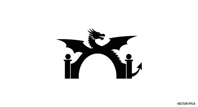 Black dragon silhouette flying over arch.