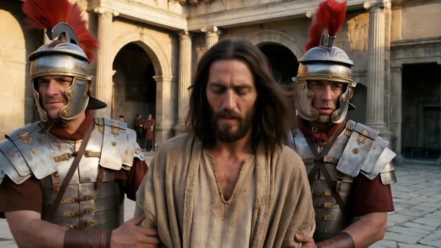 Jesus brought to the stone praetorium in early morning light