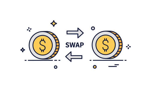 Digital currency conversion theme illustrated by two coin icons with pixel like accents and a central swap arrow, expressing fintech innovation and modern