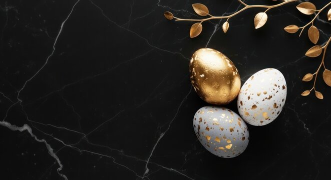 Golden and white Easter eggs with gold leaf on black marble background