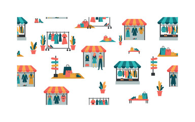 Fototapeta premium fashion pop-up shops seamless pattern, pop-up stalls, clothing racks, shoppers, signage, bags and outdoor setups arranged in a repeating pattern, white