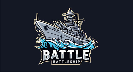 A dynamic cartoon illustration of a grey battleship sailing on blue waves, with 'BATTLE BATTLESHIP' text below, designed as a logo or emblem. © morph