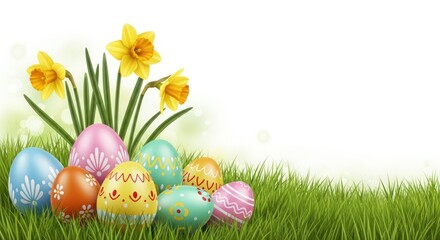 Fototapeta premium Easter Eggs in Grass. Colorful Easter eggs with daffodils in green grass on white background