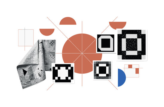 conceptual retro craft collage with a draped faded quilt edge and patchwork squares, black and white textile textures with white cut-out contour,
